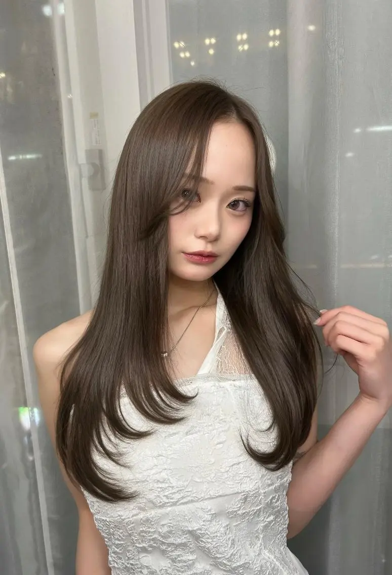 ロング カラー ベージュカラー 韓国風カラー ミルクティーベージュ くびれヘア 韓国風ヘア カット ヘアカラー トリートメント 透明感カラー/ レイヤー/すずさのヘアスタイル
