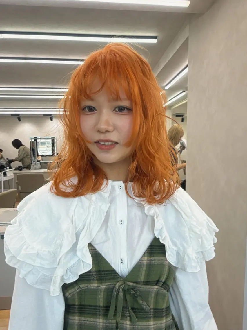 ミディアム カラー パーマ ミディアムパーマ オレンジ 暖色/ブラウン/ 🥀那波のヘアスタイル