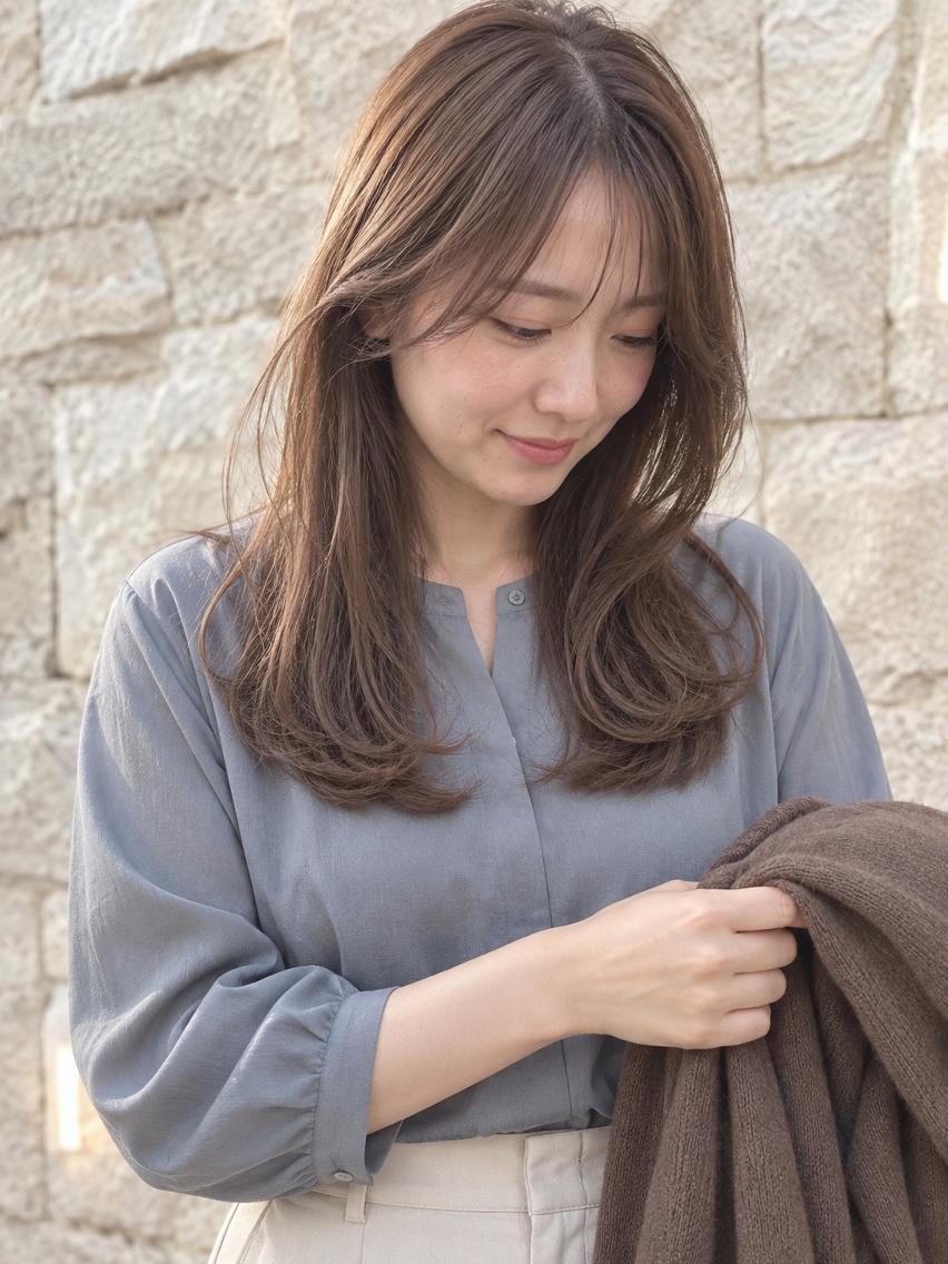 ミディアム カラー 切りっぱなしボブ ミディアムレイヤー グレージュ ボブ 髪質改善 髪質改善/縮毛矯正/ 透明感カラー/西村遼のヘアスタイル