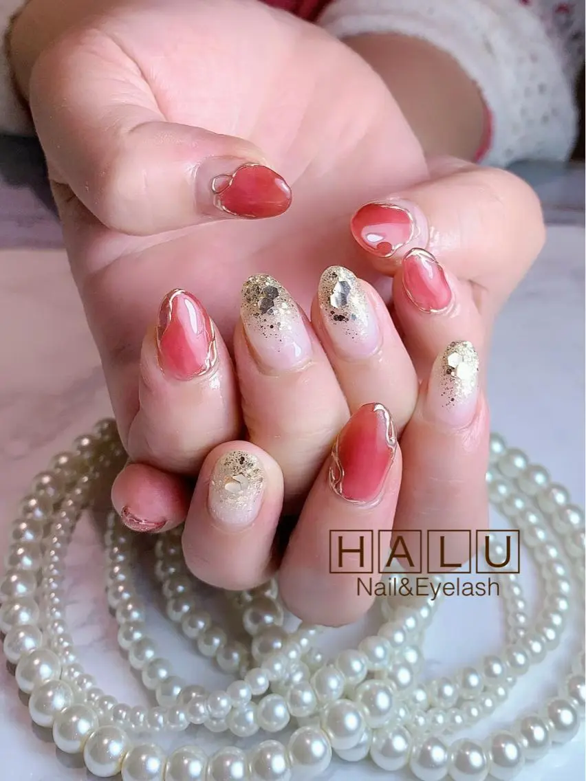 ネイル ゴールド 赤色 HALU ハルのネイルデザイン