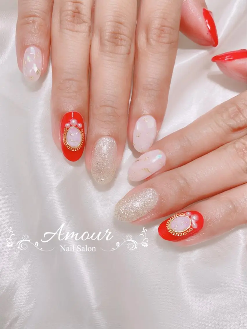 ネイル 赤色 nailsalon ♡amour♡のネイルデザイン