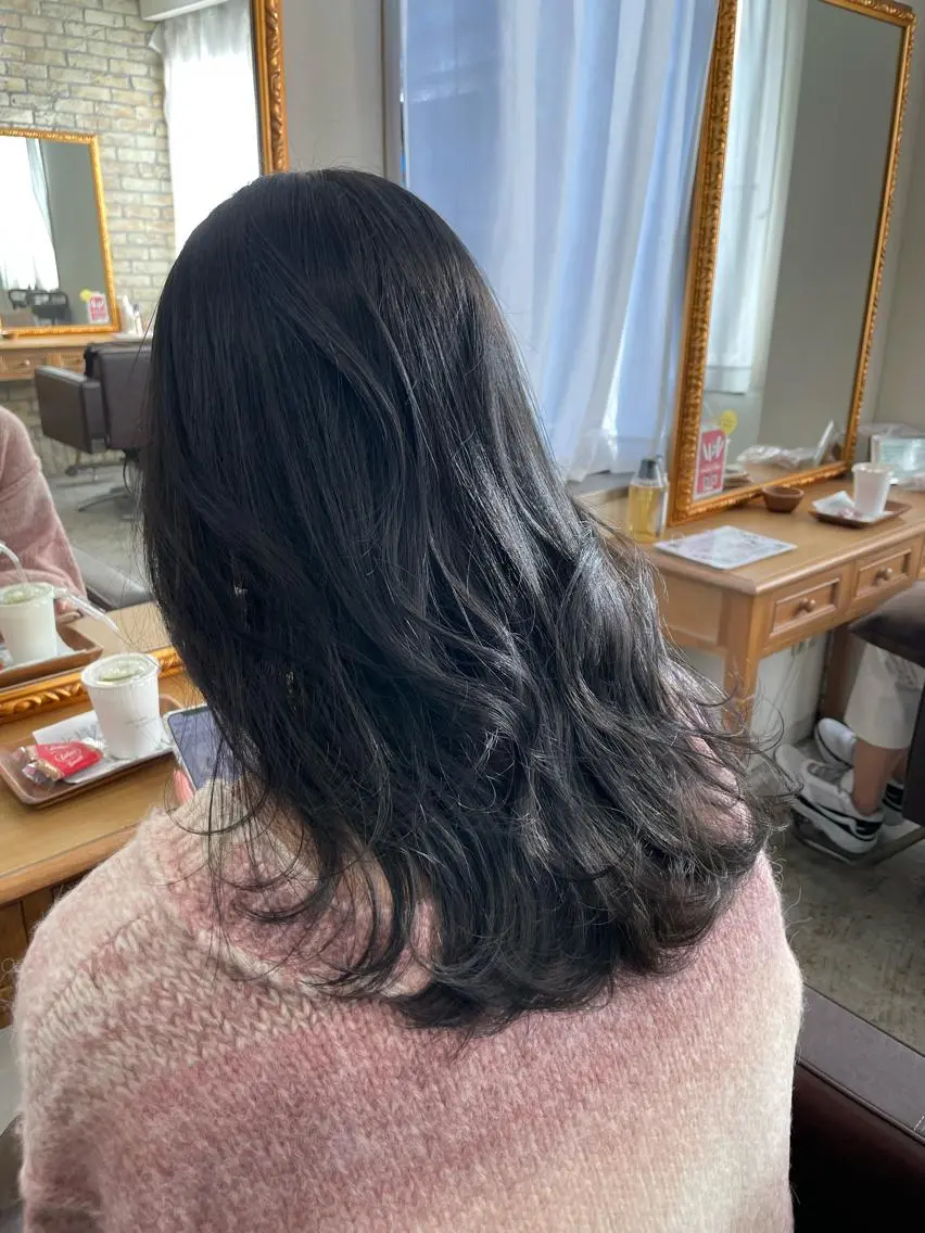 セミロング カラー ヘアアレンジ 黒髪 ブルーカラー ブルーブラック カット ヘアカラー トリートメント ヘアセット 髪質改善特化 🫧松野力也のヘアスタイル