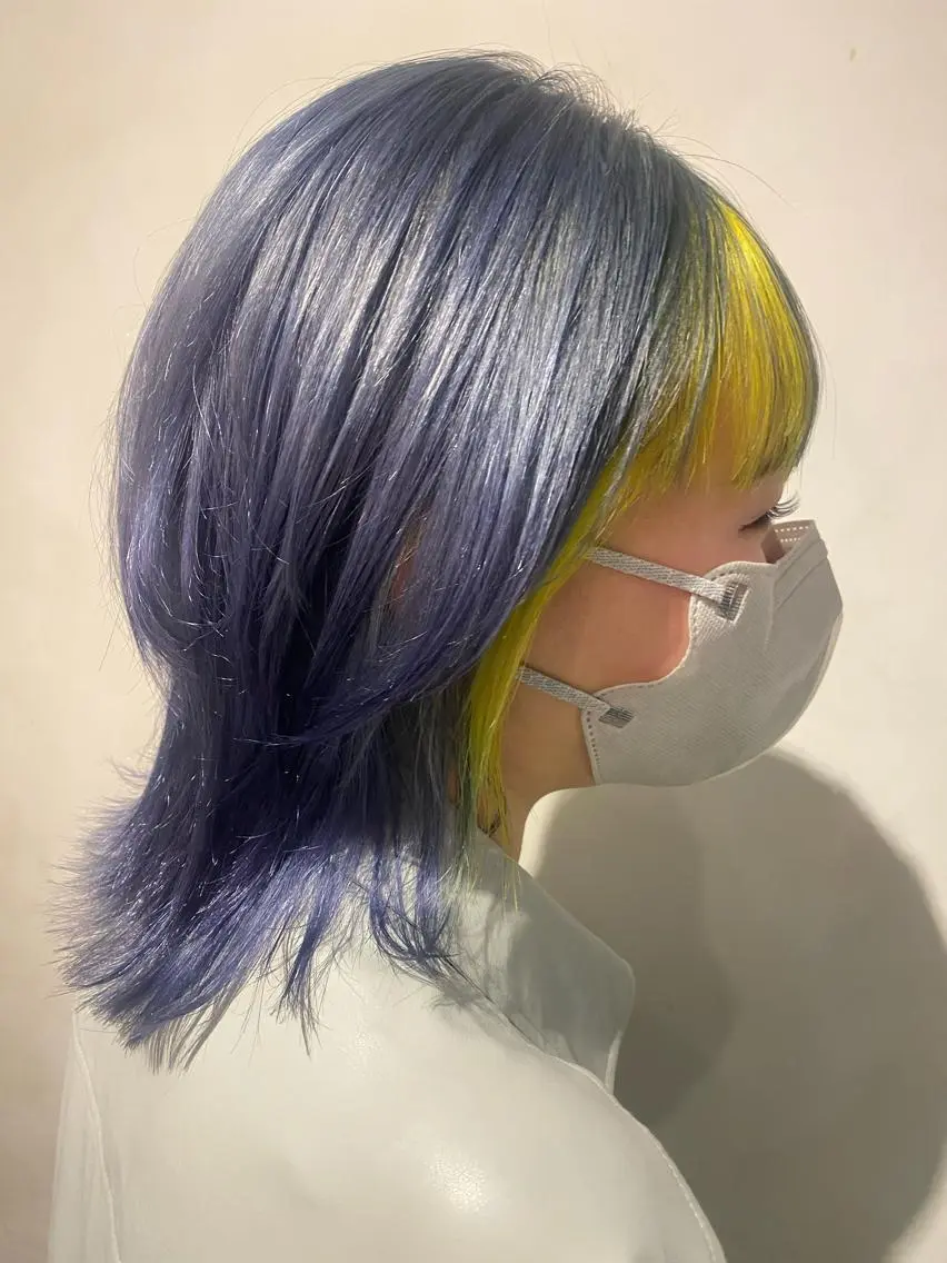ミディアム カラー ミストバング ブルーカラー デザインカラー  フェイスフレーミング イエローカラー ヘアカラー トリートメント 🦋店長🦋 ほんさわ みずきのヘアスタイル