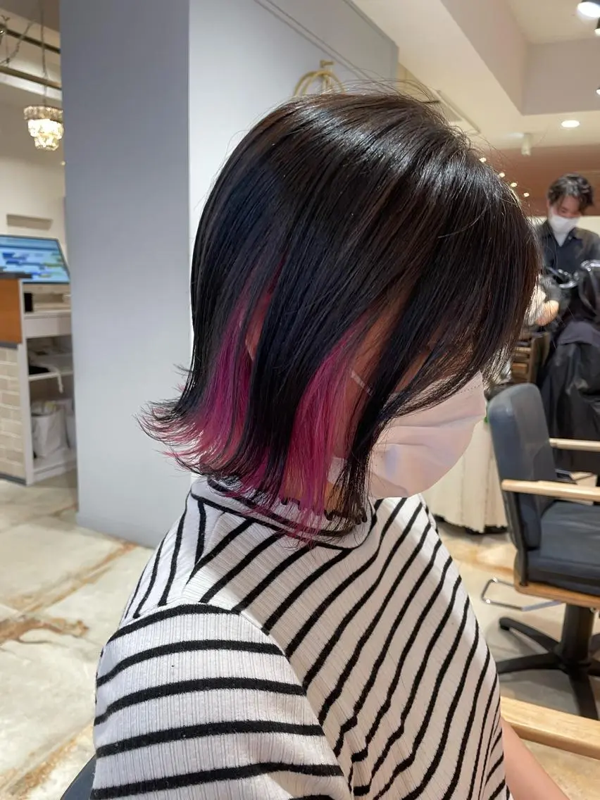 ミディアム カラー バレイヤージュ ベージュカラー ブリーチ ブルーカラー ブルーグレー 新宿御苑前/ボブ 髪質改善Ryuseiのヘアスタイル
