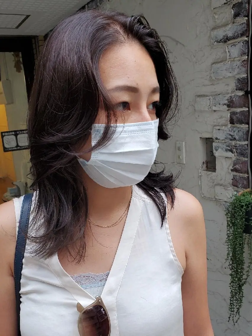 セミロング カラー 切りっぱなしボブ ショートボブ セミロングパーマ バレイヤージュ ベージュカラー カット ヘアカラー トリートメント 韓国レイヤー柔らかい 地毛風縮毛矯正/マツのヘアスタイル