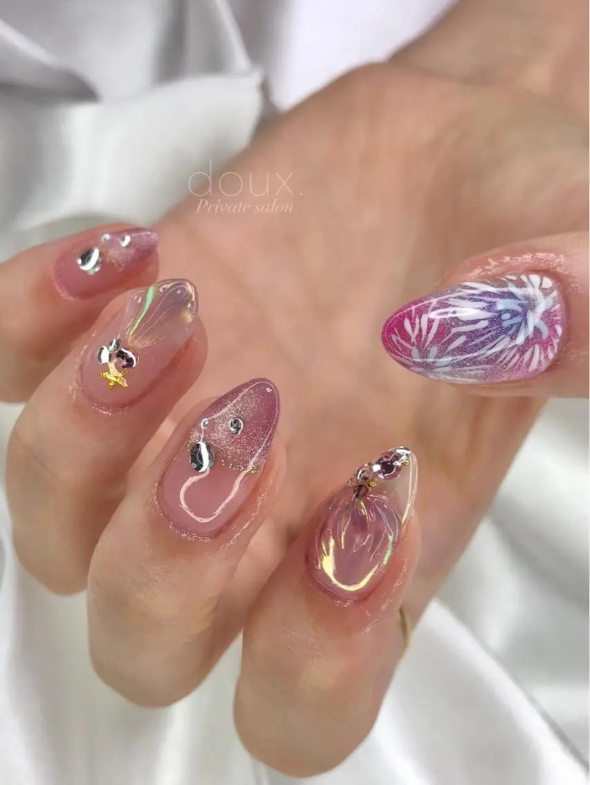 ネイル 氷ネイル・うるうるネイル 韓国ネイル マグネットネイル 夏ネイル ワンホンネイル doux. nailのネイルデザイン
