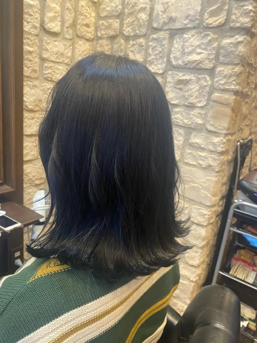 ミディアム カラー 黒髪 ブルーカラー ブルーブラック ブリーチカラー⸜♡⸝ クルミ🐍のヘアスタイル