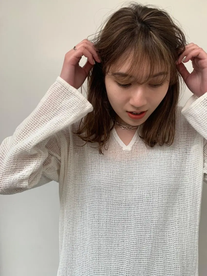 ミディアム パーマ カラー ミディアムパーマ ダブルカラー グラデーションカラー ハイライトカラー イルミナカラー CEINE PATHのヘアスタイル
