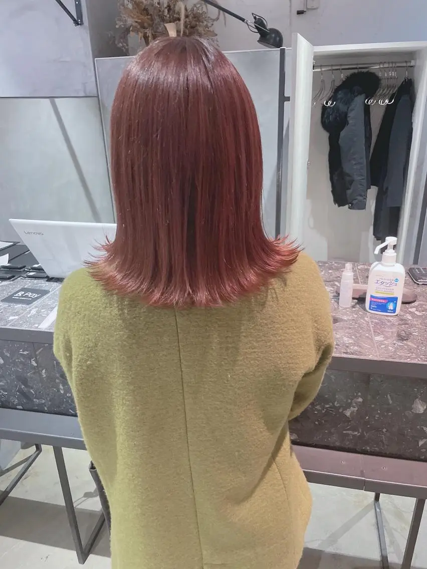 ミディアム カット ヘアカラー トリートメント 美髪矯正/艶カラー ボブ/栄/鐘ヶ江純也のヘアスタイル