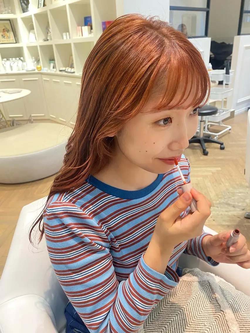 ロング カラー ブリーチ オレンジ ピンクカラー 増井 彩乃のヘアスタイル