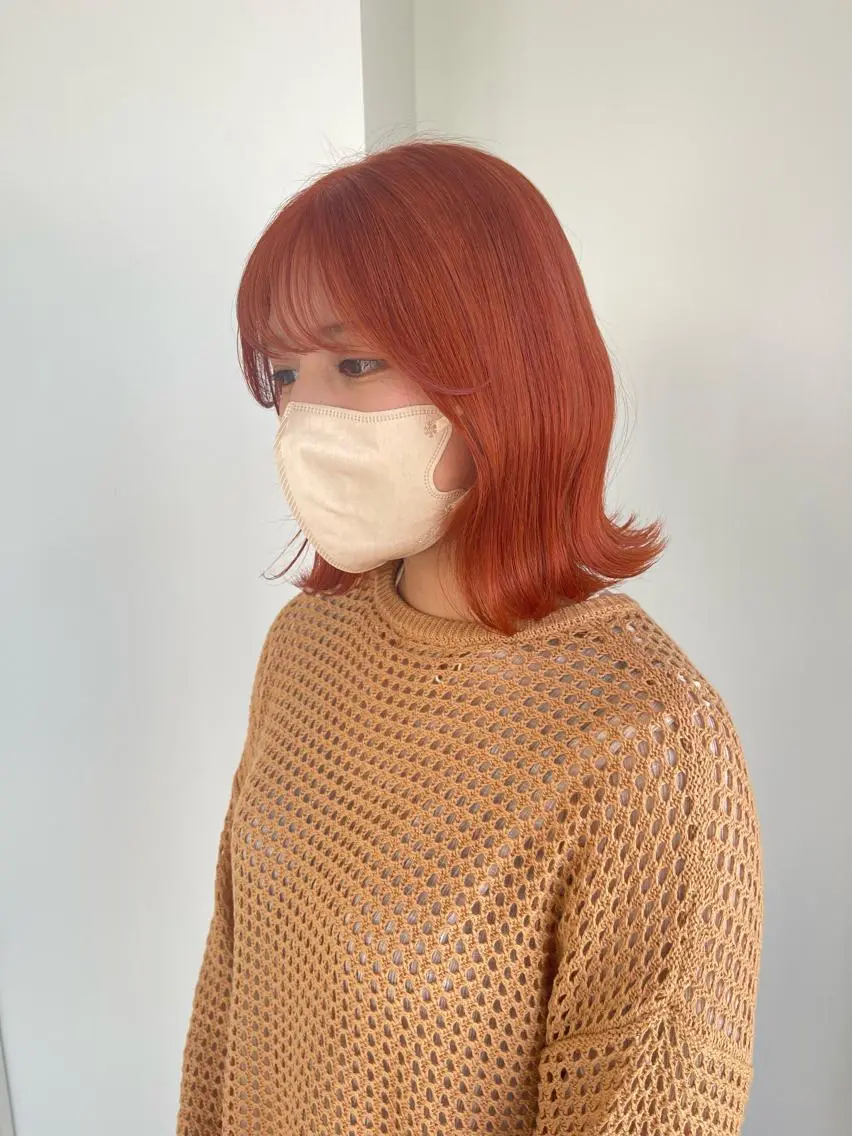 ミディアム カラー オレンジ オレンジピンク ピンクカラー ヘアカラー トリートメント 店長　MANAMI ／ブリーチ／骨格ボブのヘアスタイル