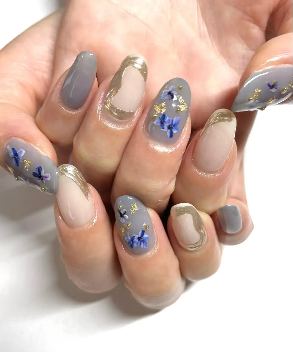 ネイル ブルー フラワーネイル le_rire _nailのネイルデザイン