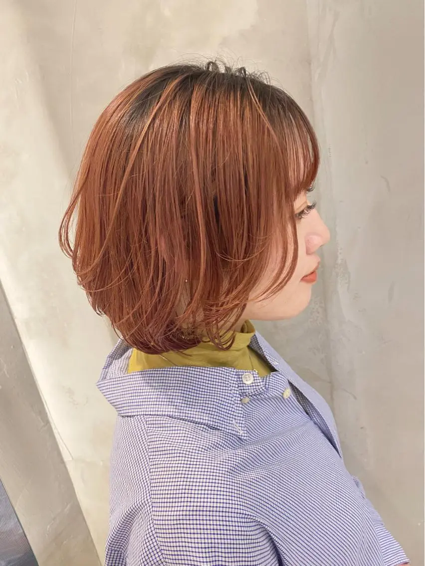 ショート カラー パーマ ヘアアレンジ オレンジ ピンクカラー ボブ 新宿/顔周りカット +レイヤー＝しずく♩のヘアスタイル