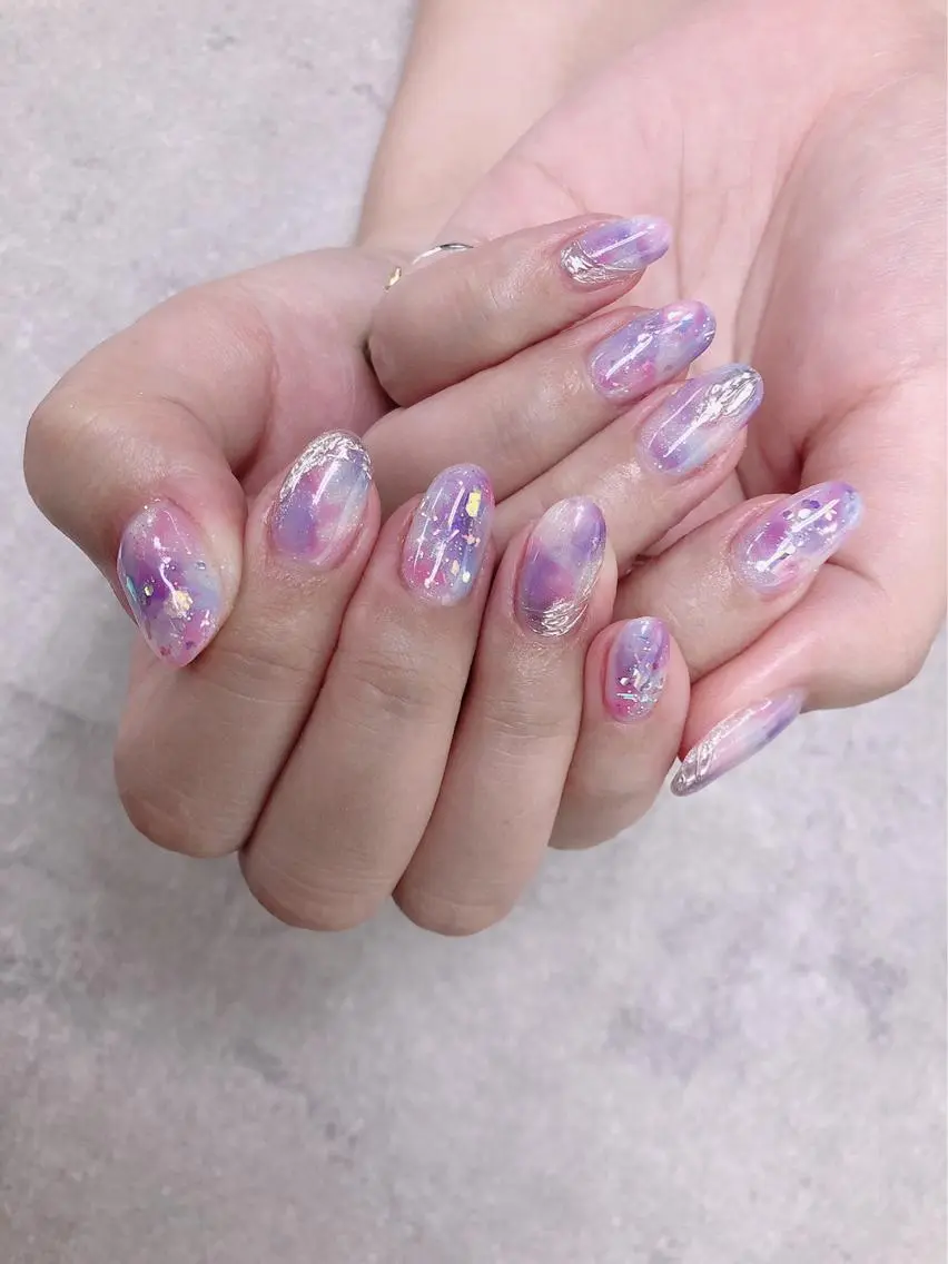 ネイル 大理石ネイル(マーブル) ニュアンスネイル パープル ハンドネイル ハンドケア FASTNAIL PLUS 新宿店のネイルデザイン