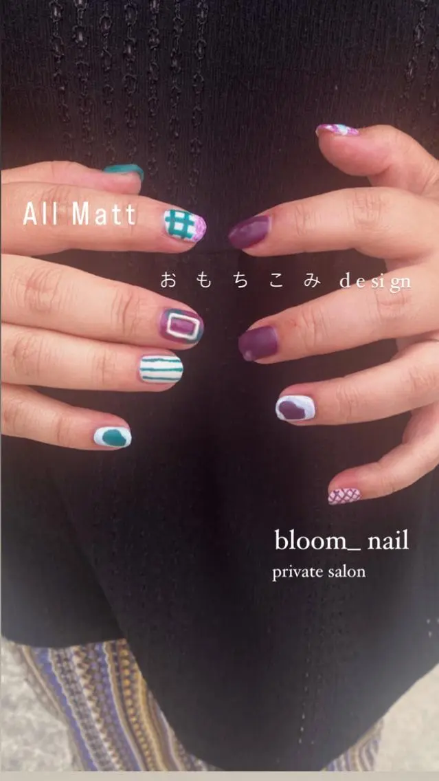 ネイル アートネイル グリーン マットネイル パープル ハンドネイル ハンドケア bloom_ nailのネイルデザイン