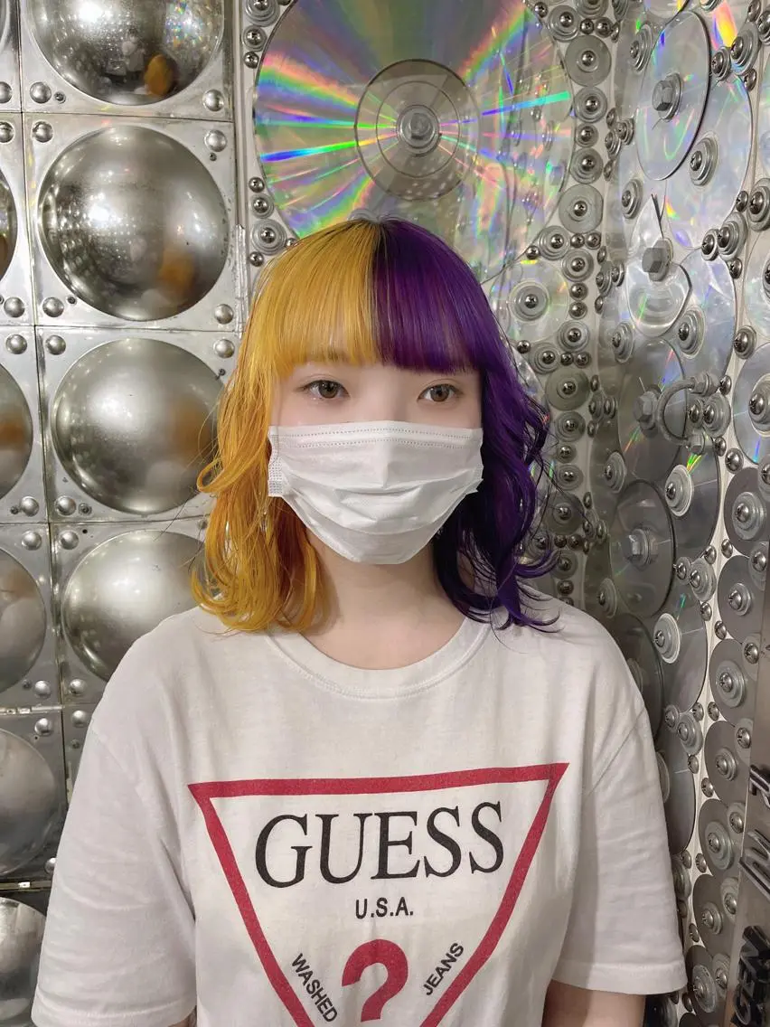 ミディアム カラー ヘアアレンジ オレンジ バイオレットカラー 🌈派手髪エクステ ブレイズ🌈ひろとのヘアスタイル