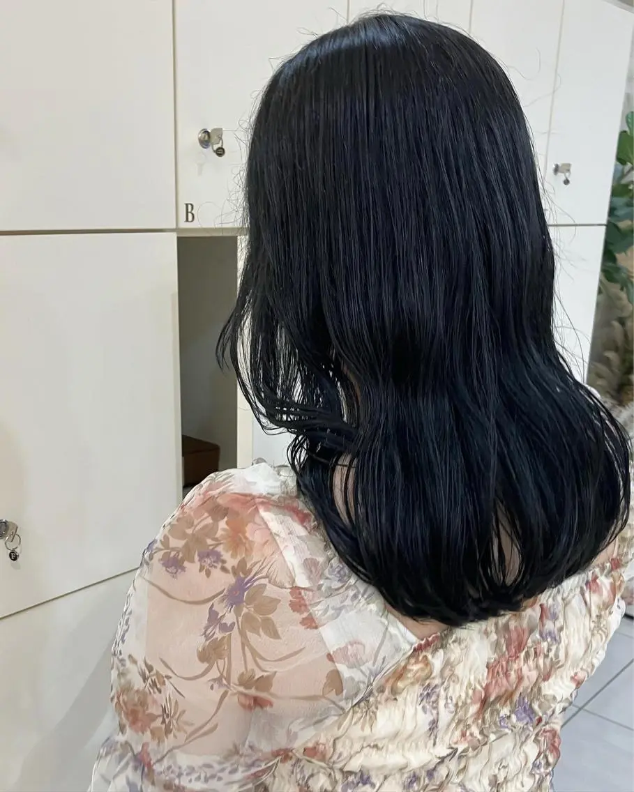 ロング カラー 黒髪 ブルーカラー ブルーブラック 前髪/顔周り/透明感 艶カラーとどさんのヘアスタイル