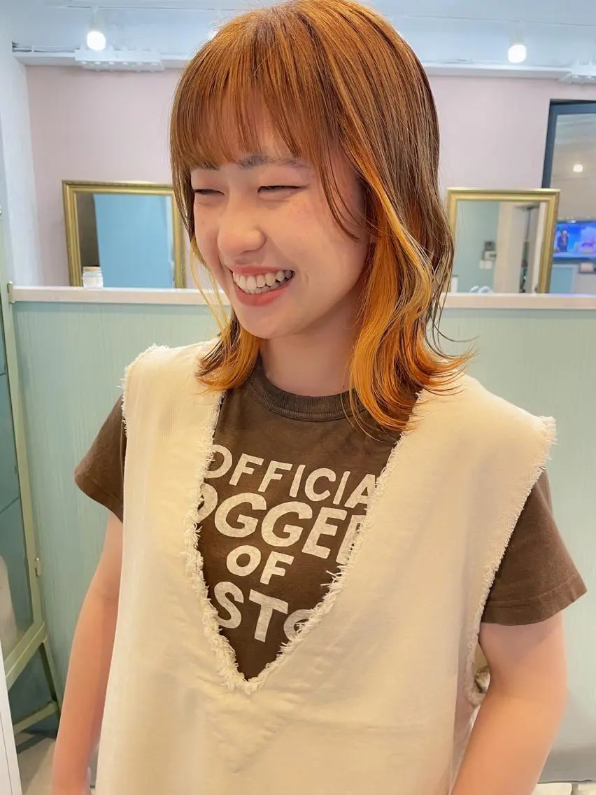 ミディアム 切りっぱなしボブ ボブ 顔まわりレイヤー レイヤーカット ワイドバング ヘアカラー トリートメント カラー得意【梅田】 瀧本友梨乃のヘアスタイル