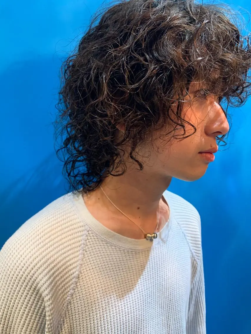 セミロング メンズ メンズパーマ セミロングパーマ カット パーマ ウルフ、レイヤー 、メンズカットSHOのヘアスタイル
