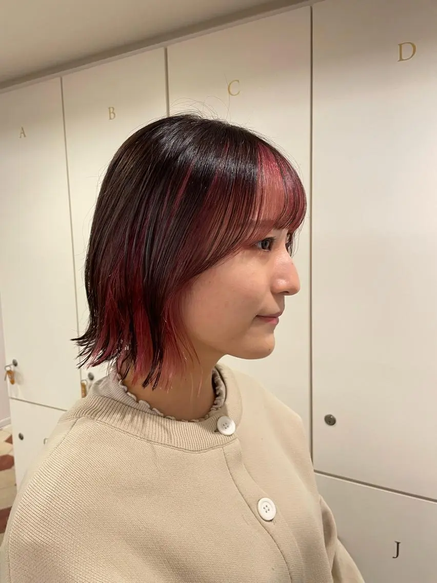 ミディアム カラー ミストバング フェイスフレーミング ボブ デジタルパーマ特化 杉浦 夏生のヘアスタイル