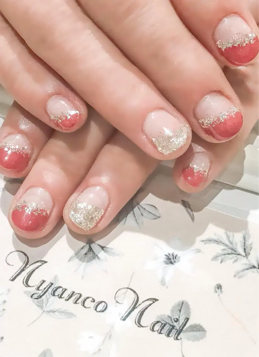 ネイル ボルドー フレンチネイル ゴージャス ラメ(グリッター) 冬ネイル Nyanco Nailのネイルデザイン