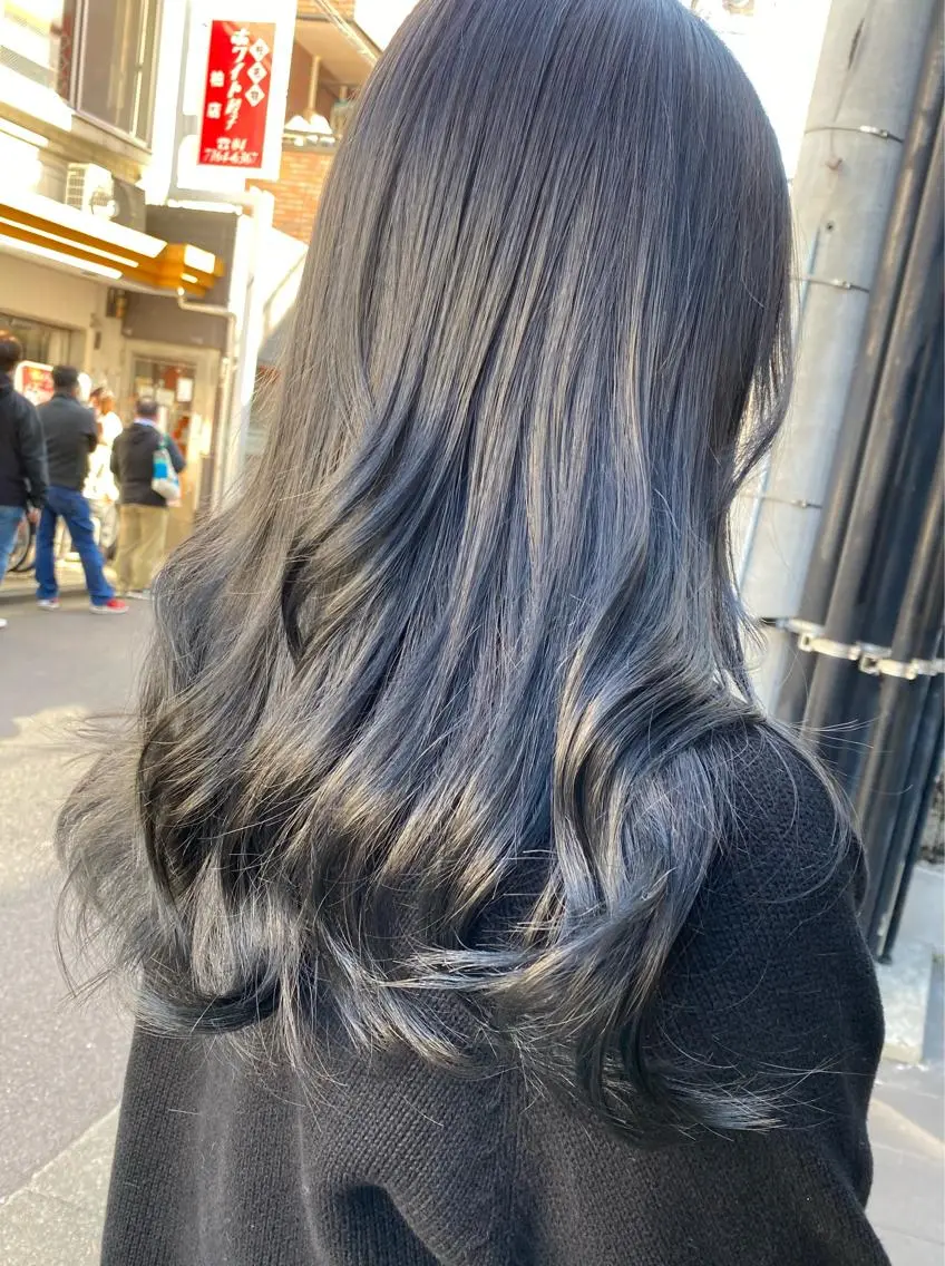 ロング カラー 黒髪 白髪ぼかし バレイヤージュ志鎌のヘアスタイル