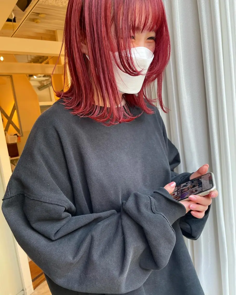 ミディアム カラー レッドカラー 顔周りカット ウルフカット ヘアカラー レイヤー/ボブ/ 顔周り/yukinaのヘアスタイル