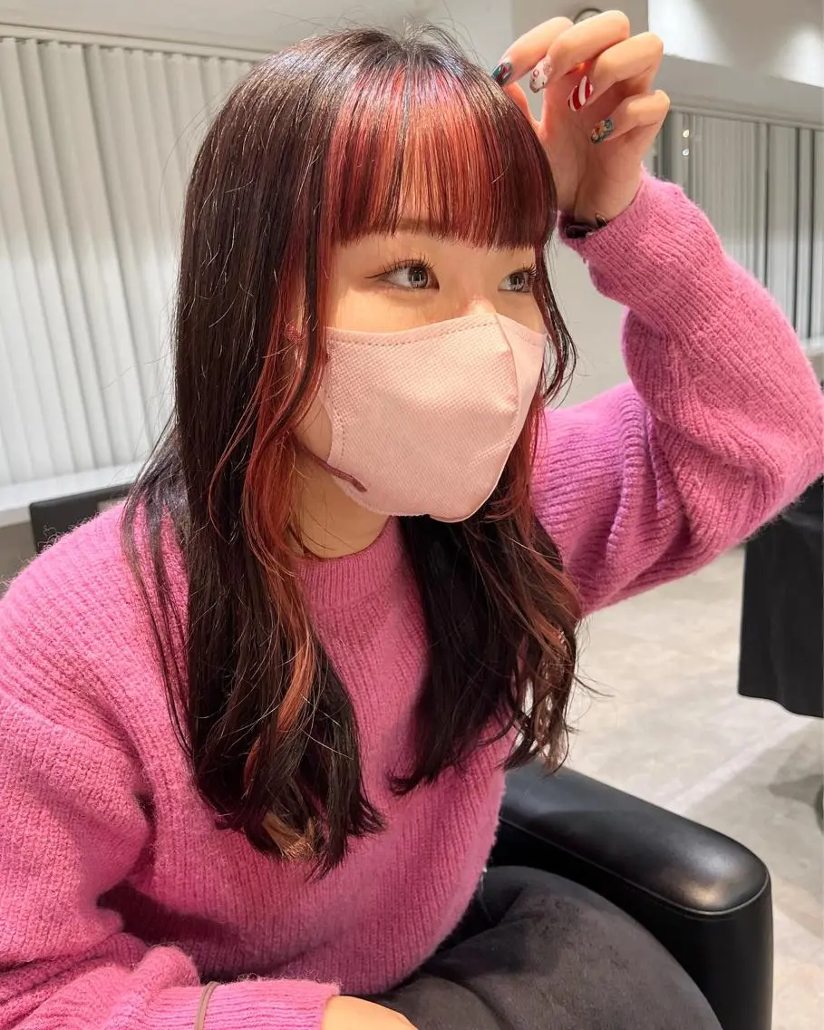 ロング カラー ヘアアレンジ ミストバング  フェイスフレーミング ピンクカラー カット ヘアカラー トリートメント ヘアセット 🌷ボブ/髪質改善 ストレートのヘアスタイル