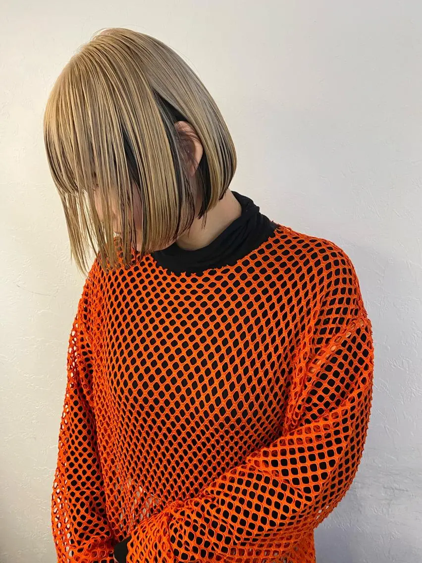 ショート カラー 黒髪 ブリーチ ブロンド ヘアカラー 森貴裕/ベージュ/ パーマ/オリーブのヘアスタイル
