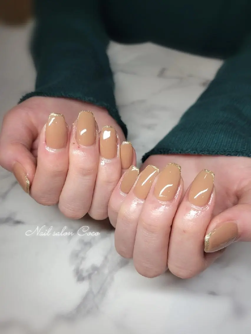 ネイル ブラウン フレンチネイル ラメ(グリッター) ハンドネイル Nail salon Coco【溝の口駅】のネイルデザイン