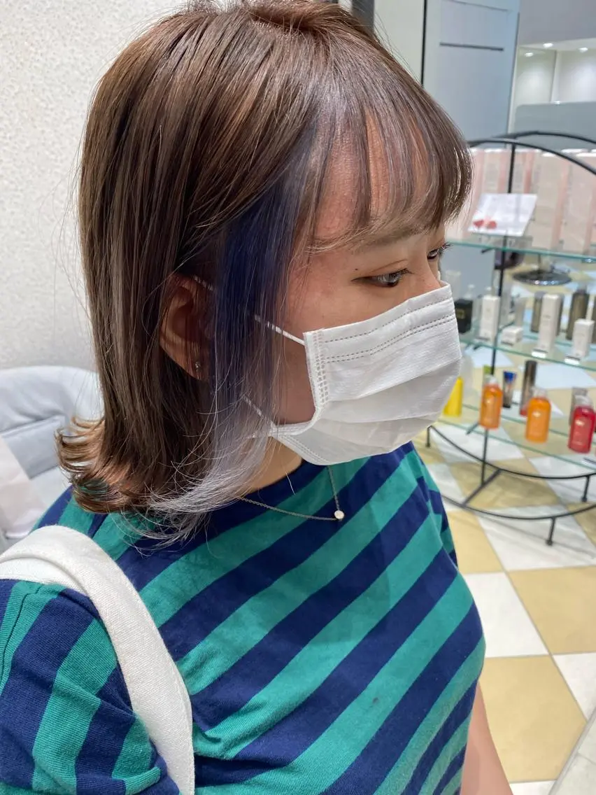 ミディアム カラー ミストバング ブルーカラー  フェイスフレーミング カット パーマ トリートメント ヘアセット 💜髪質改善美髪💜 星野清光のヘアスタイル