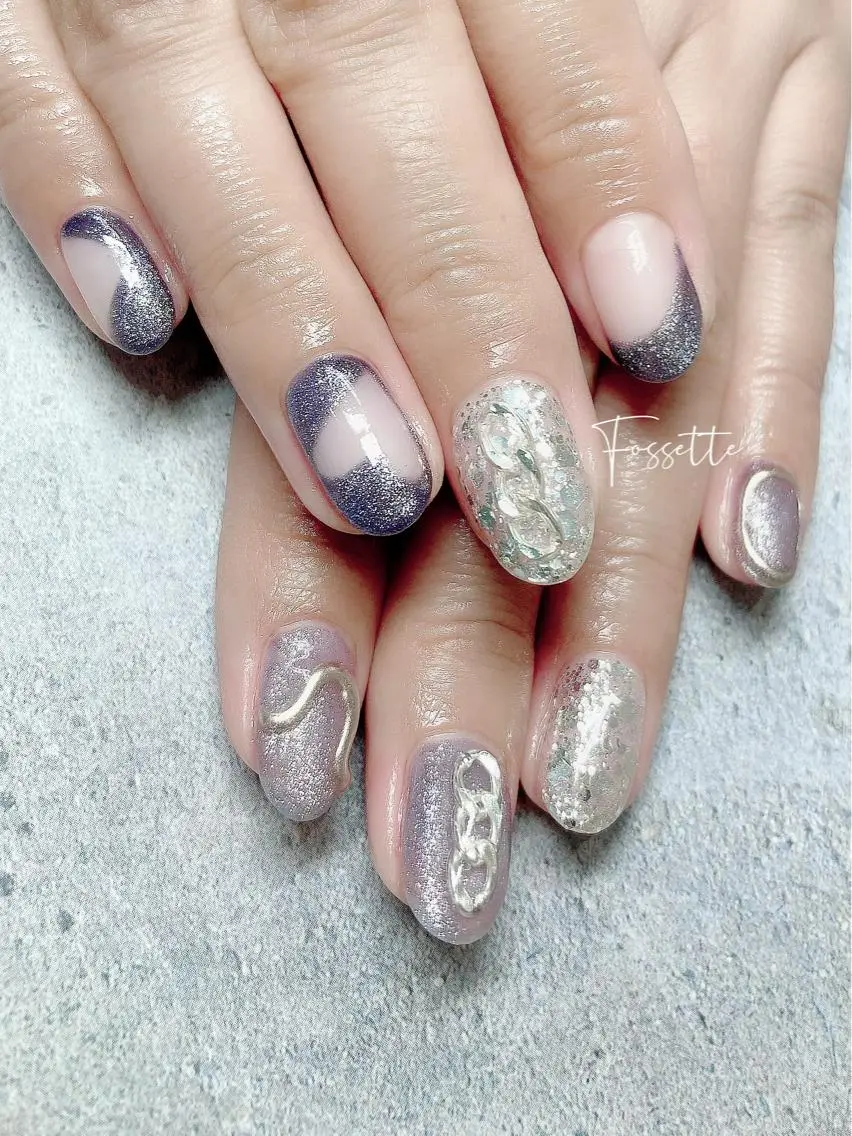 ネイル ハート キラキラネイル マグネットネイル ミラーネイル ハンドネイル nailsalon Fossetteのネイルデザイン