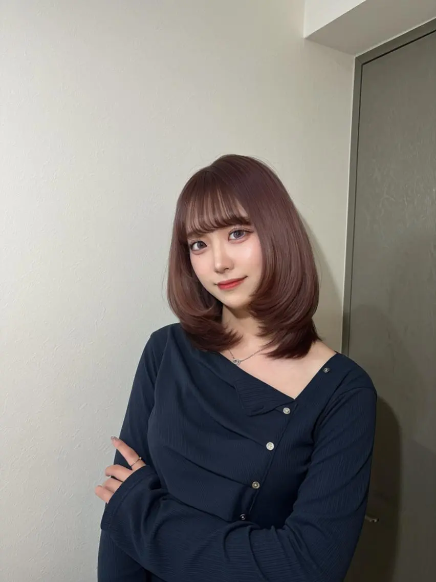 ミディアム ミディアムレイヤー ピンクブラウン 顔まわりレイヤー 韓国風ヘア レイヤーカット FOCUSJAPAN 烏丸のヘアスタイル