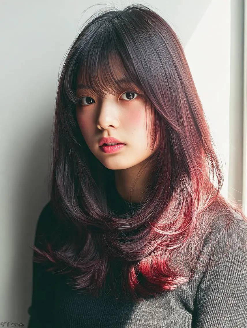 セミロング 🍒暖色×ハイトーン ×デザイン✨まなりのヘアスタイル