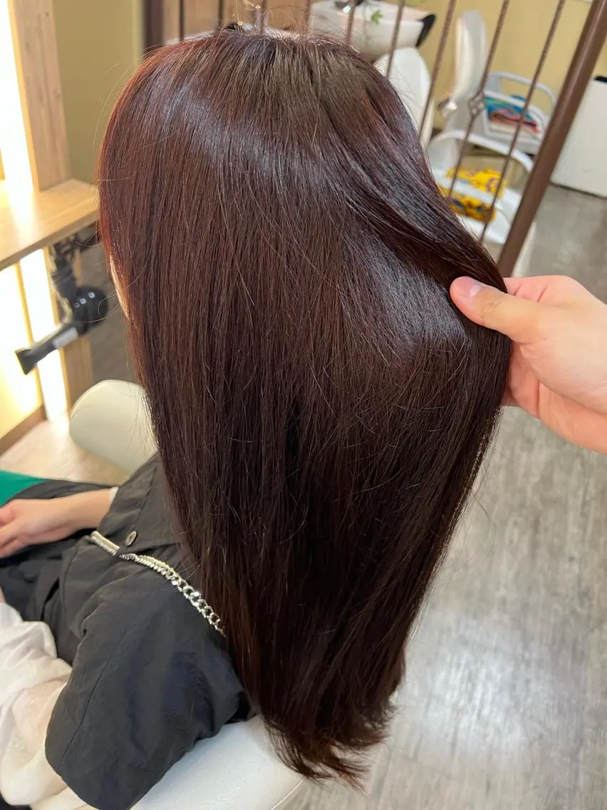 ロング カラー ブリーチ ブリーチなしカラー レッドカラー 鶴島 凜のヘアスタイル
