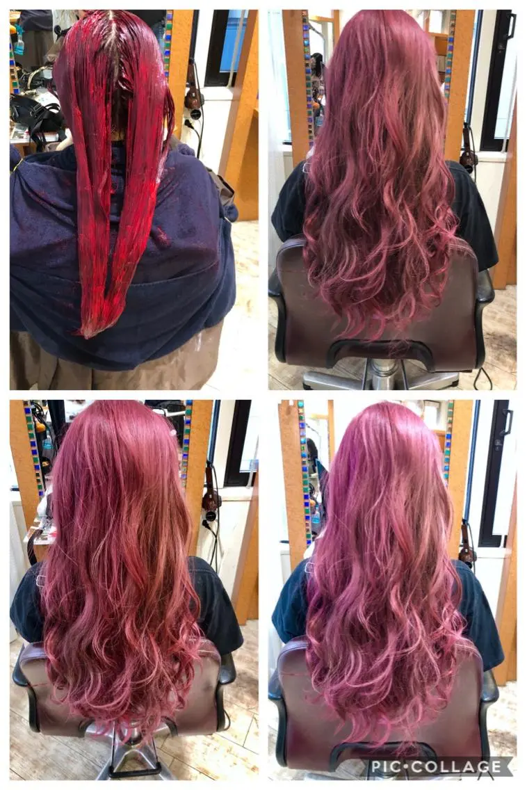 ロング カラー ブリーチ カシス ピンクカラー レッドカラー ルビー 100%髪質改善特化 TRUNSのヘアスタイル