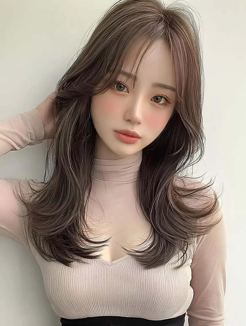 ロング ロングレイヤー ボブ 顔まわりレイヤー 顔周りカット 韓国風ヘア 𝓨̆̈𝓾𝓲ྀི 🫧カットモデルのヘアスタイル