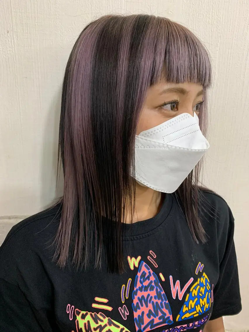 セミロング カラー ヘアアレンジ 黒髪 ブリーチ ピンクカラー きむえり/髪質改善 /うねり広がり改善のヘアスタイル