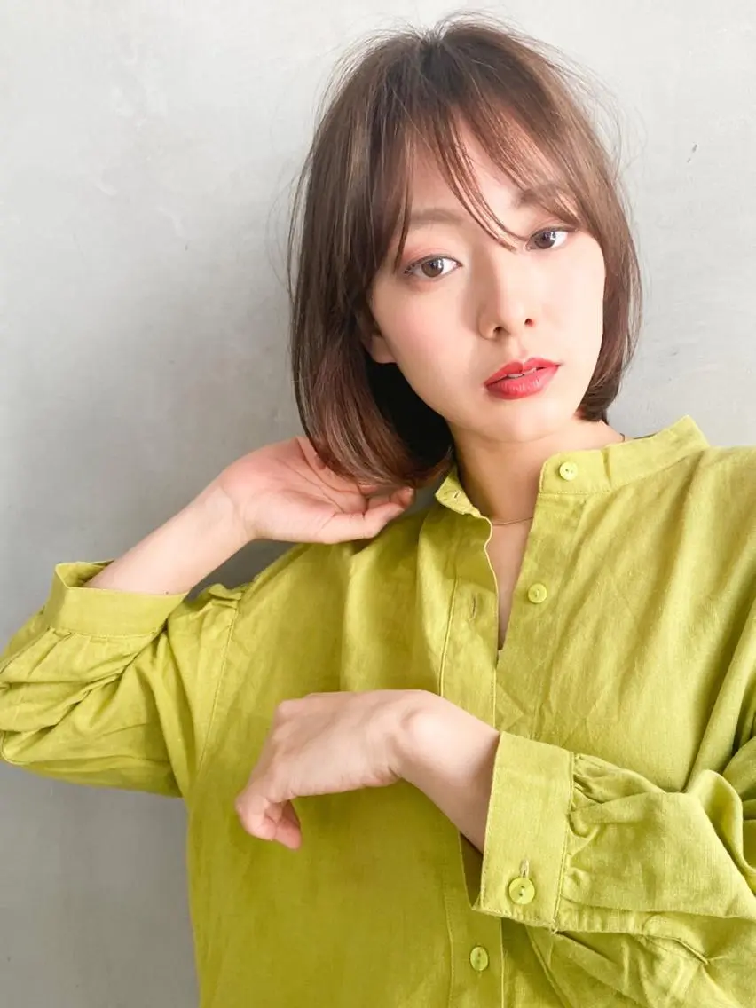 ミディアム カラー ヘアアレンジ ベージュカラー ショコラベージュ ボブ ヘアカラー トリートメント 山崎 澪 レイヤーカット/大宮のヘアスタイル