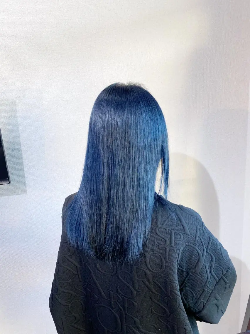 セミロング カラー 黒髪 ブルーカラー ブルーブラック カット ヘアカラー 野口 茂宰のヘアスタイル