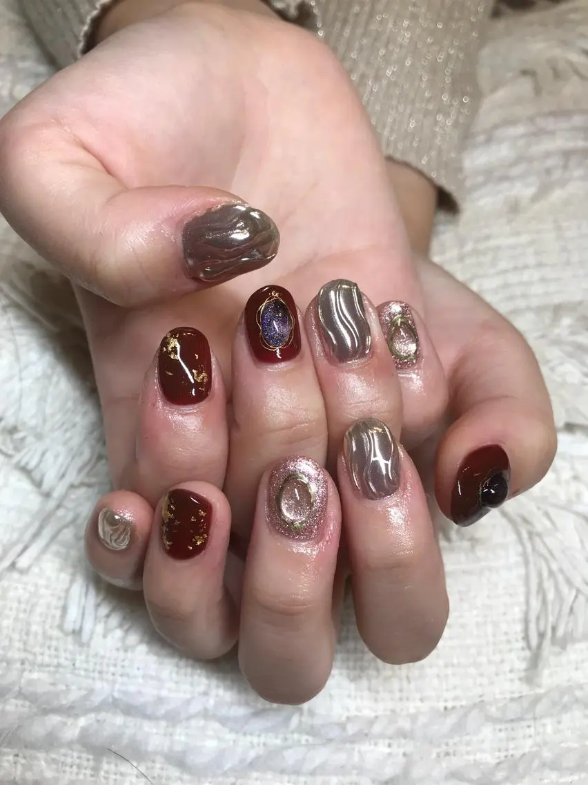 ショート カラー パーマ ヘアアレンジ メンズ ネイル マツエク・マツパ クリアネイル ミラーネイル el. by Aoのネイルデザイン