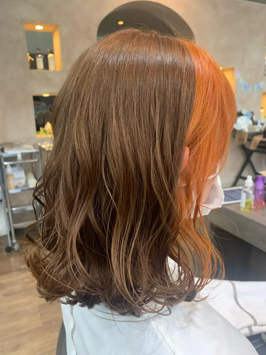 ミディアム カラー ヘアアレンジ ミストバング フェイスフレーミング オレンジ ecru🕊️堀内 眞帆のヘアスタイル