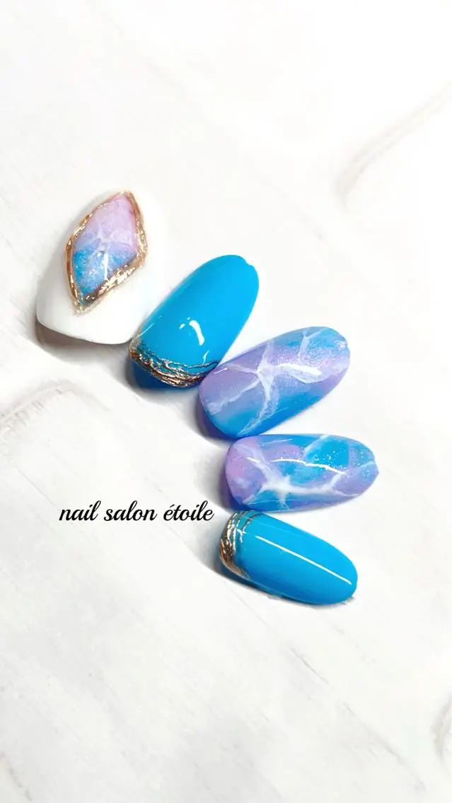 ネイル ブルー ジェルネイル 大理石ネイル(マーブル) ミラーネイル ニュアンスネイル ハンドネイル nail salon étoileのネイルデザイン