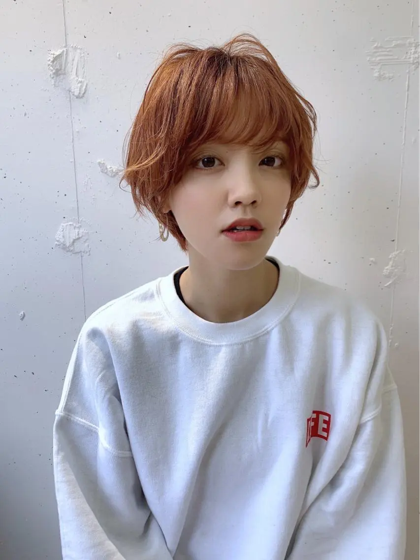 ショート カラー ブリーチ オレンジ パーマウルフショート 濱田匠のヘアスタイル