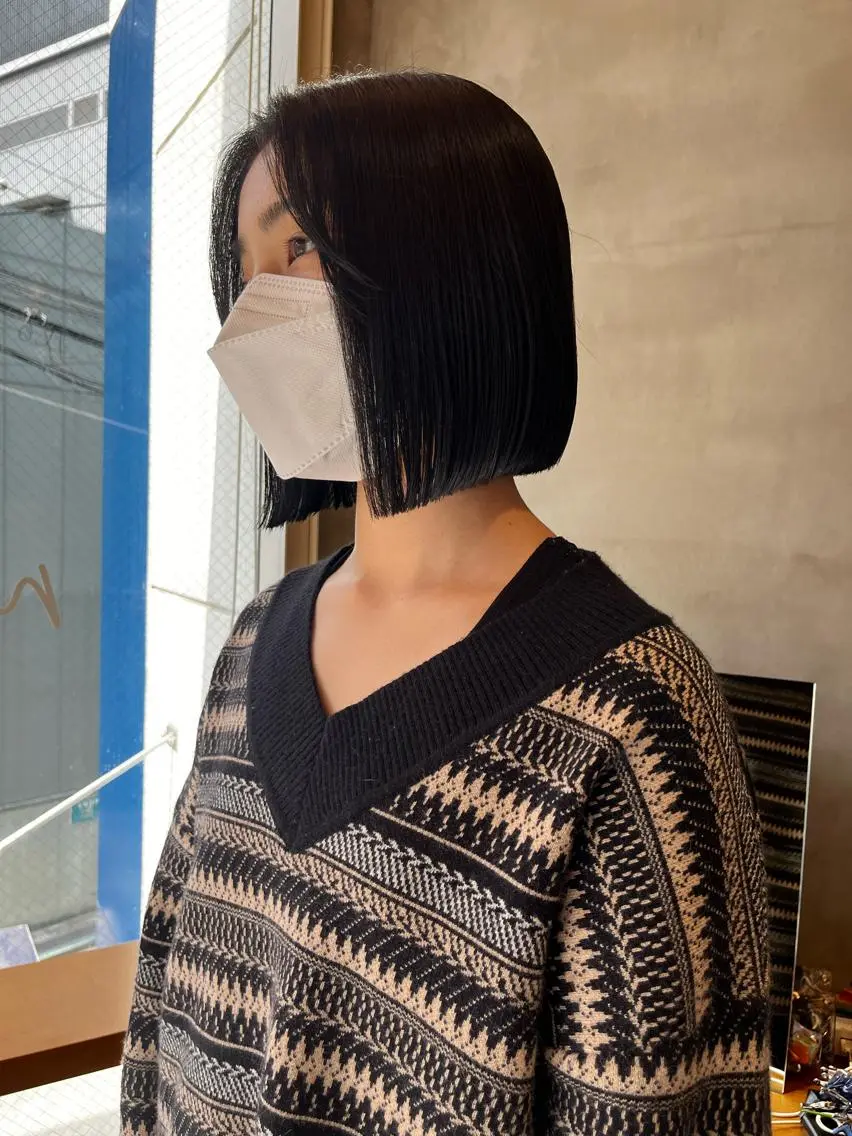 ミディアム 縮毛矯正ボブ&顔まわ レイヤー♡TOMOEのヘアスタイル