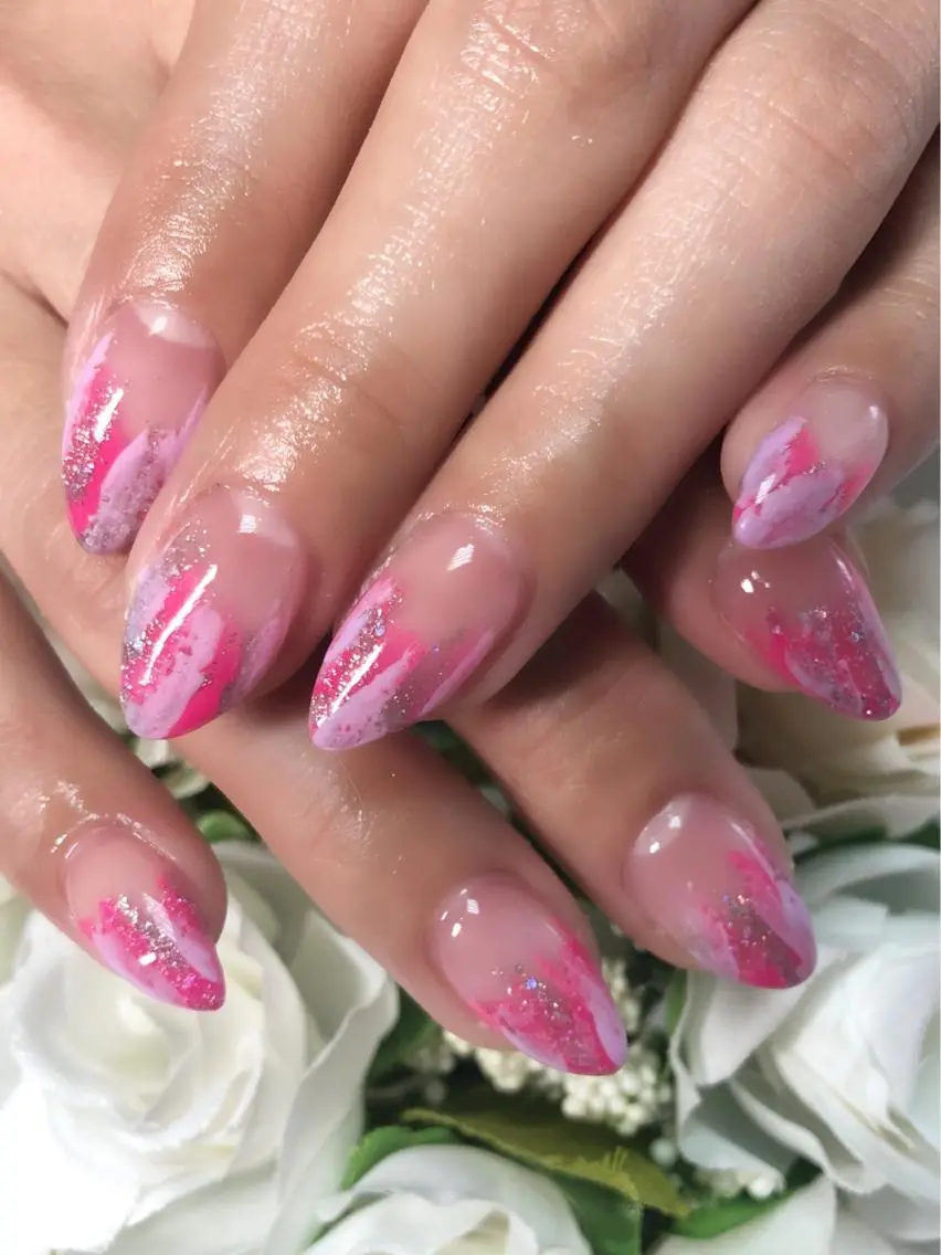 セミロング カラー ネイル ピンクカラー パープルカラー ピンク パープル シンプルネイル ハンドネイル CITRAtotal beautyのネイルデザイン