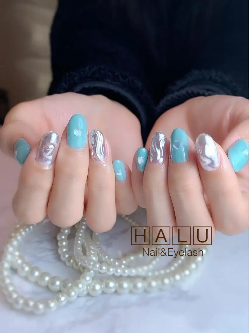 ネイル ブルー ミラーネイル HALU ハルのネイルデザイン
