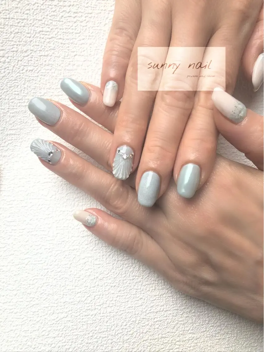 ネイル アートネイル オーロラネイル ジェルネイル グリーン マグネットネイル sunny nailのネイルデザイン