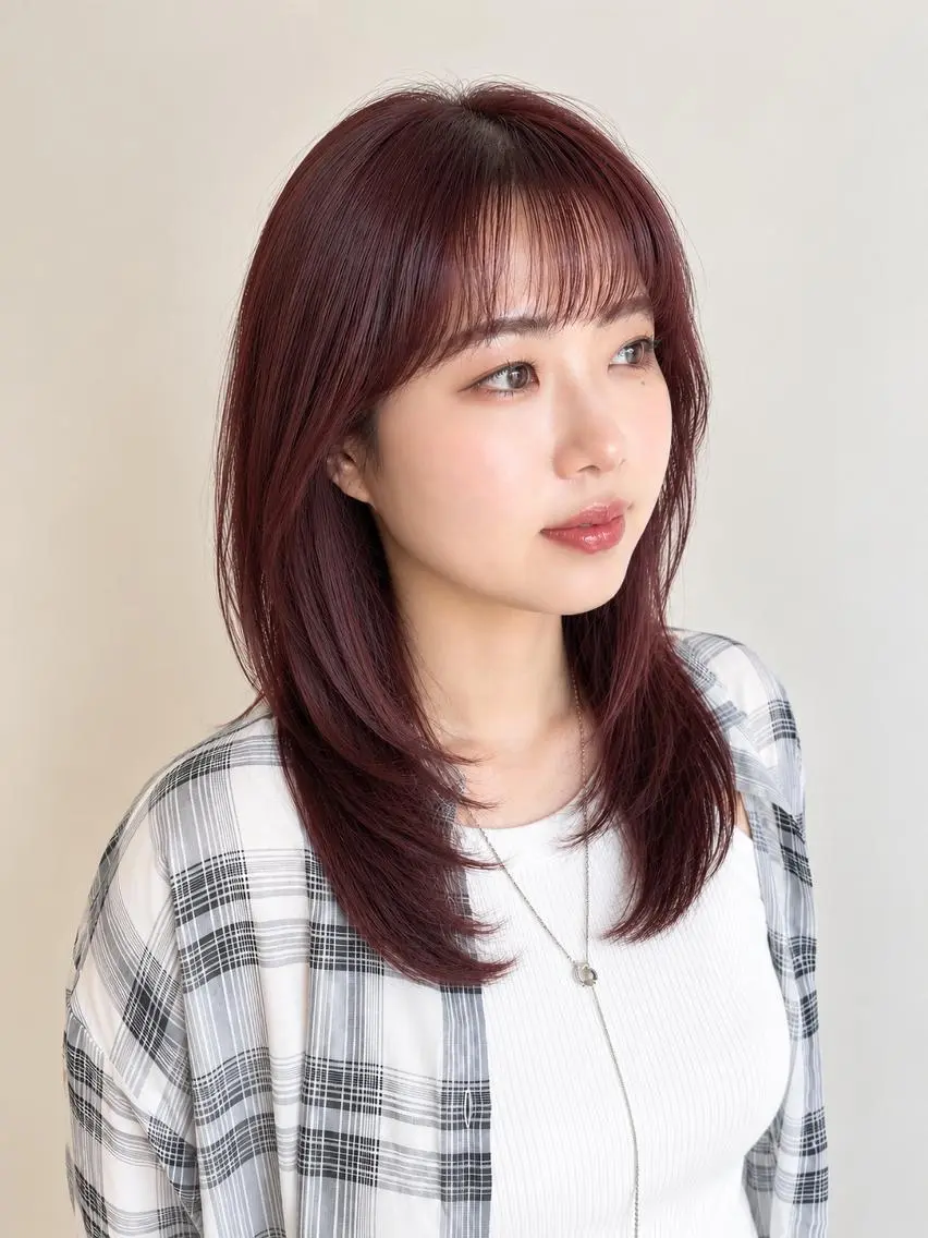 セミロング カラー ボルドーカラー 髪質改善 レイヤーカット トリートメント カット ヘアカラー トリートメント 伊勢崎/nap hair 栗原大輔のヘアスタイル