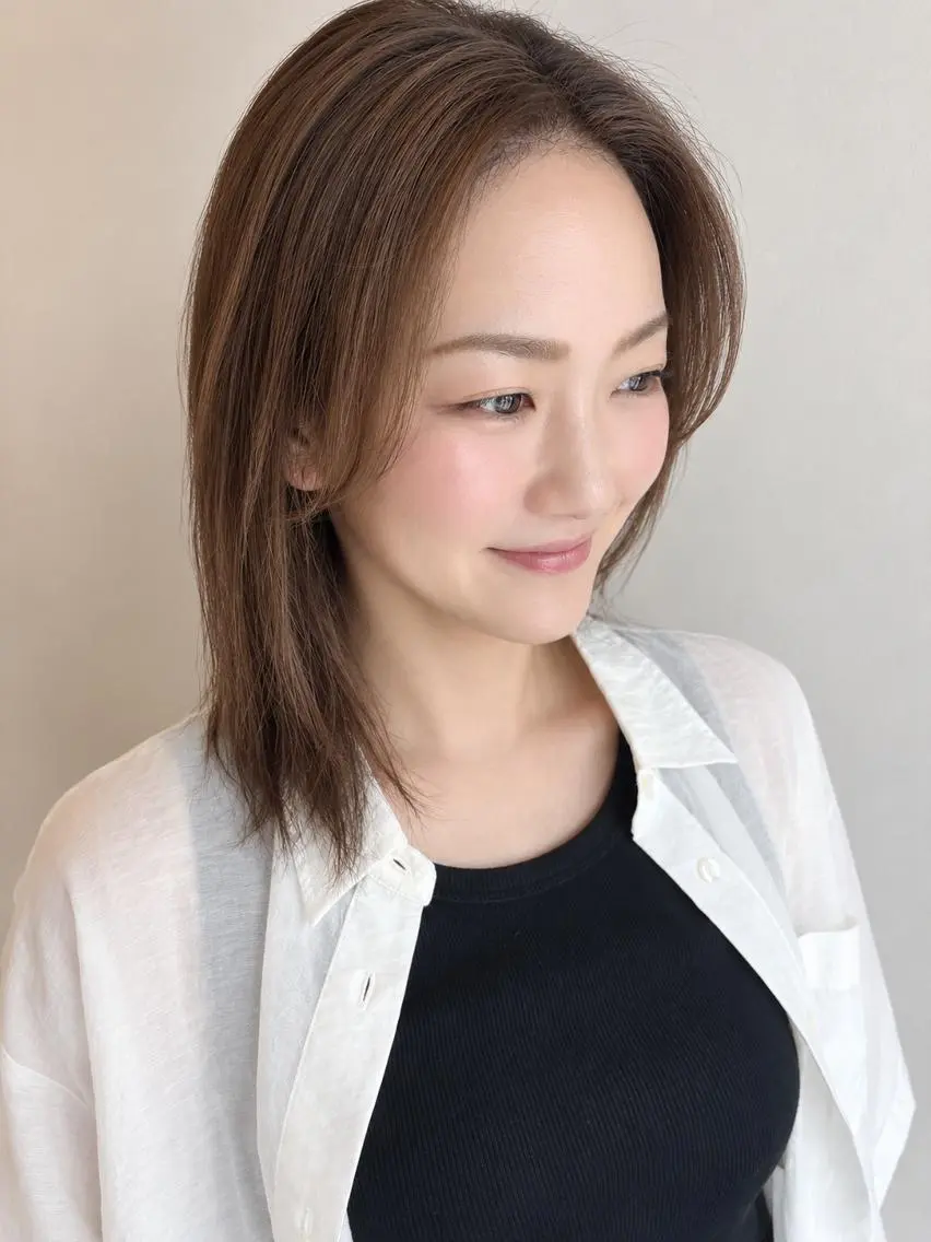 ミディアム カラー ブラウンカラー 髪質改善 レイヤーカット トリートメント カット ヘアカラー トリートメント 伊勢崎/nap hair 栗原大輔のヘアスタイル